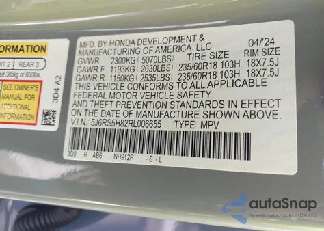 2024 Honda Cr-V Hybrid Sport-L from USA, damaged, VIN 5J6RS5H82RL006655